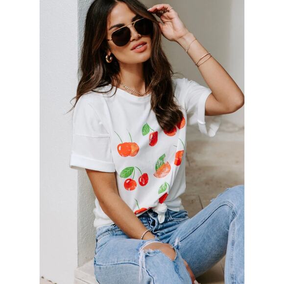 VICI Cherry On Top Shoulder Cut Out Graphic Tee Small S - Picture 2 of 11